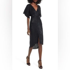 Astr V-neck High/low Hem Midi Dress In Black Shimmer